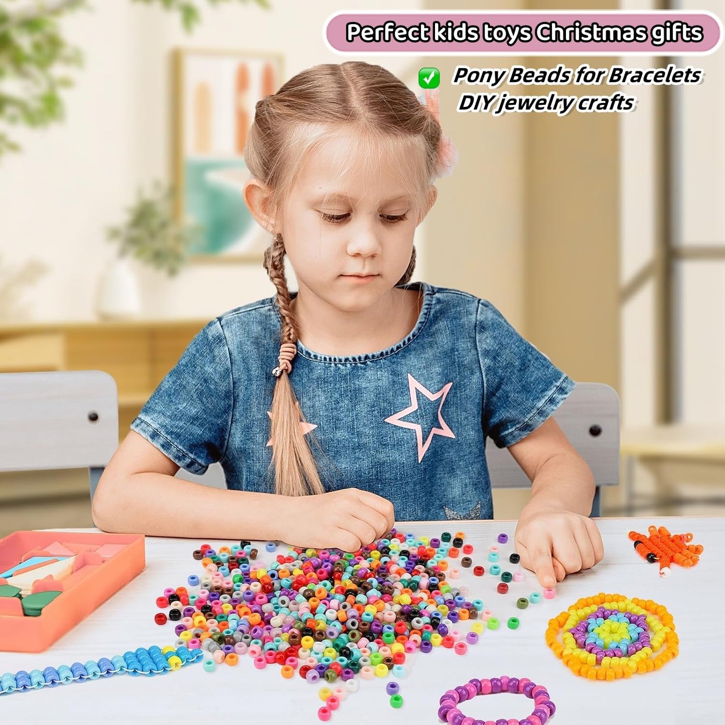 5 Boxes Bracelet Making Kit Pony Beads, 96 Colors 6x9mm 3500Pcs Kandi Rave Beads for Bracelets Friendship Plastic Bead with 800Pcs Letter Bead Arts and Crafts for Kids Adults Keychain Jewelry Making