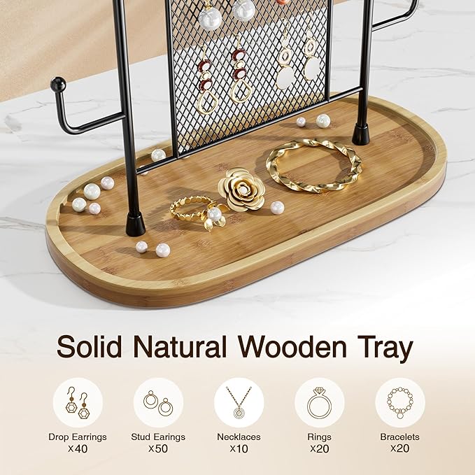 Jewelry Holder Organizer Earring Display - Stands Earring Storage Earring tree Hanger Jewelry Towers Rack with 6 Hooks 300 Stud Holes Wood Tray for Necklaces Bracelets Rings