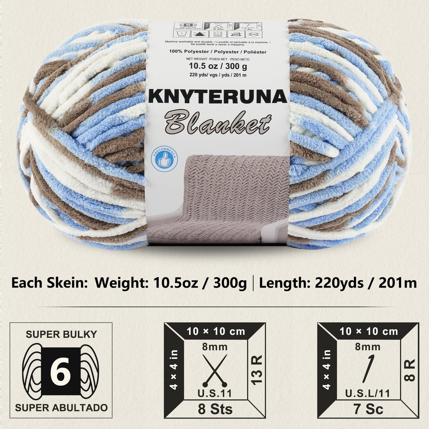 Knyteruna #6 Super Bulky Blanket Yarn for Crocheting - 4 Skeins(Each 10.5oz/300g, 220yds/201m), Chunky Chenille Thick Plush Big Soft Yarn for Crocheting Knitting Blankets, Khaki & Blue & White