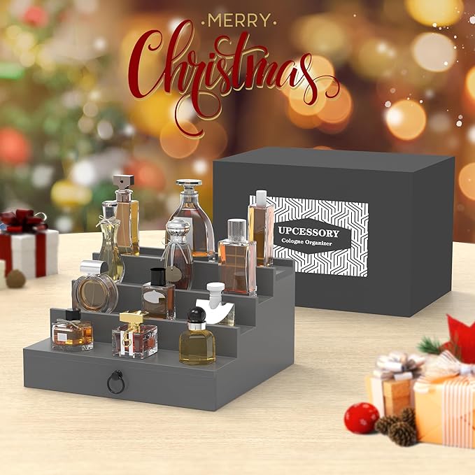 upcessory Cologne Organizer for Men, 4 Tier Black Wood Perfume Organizer with Felt Lining Drawer and Hidden Compartment, Perfume Display Holder, A Gift for Men