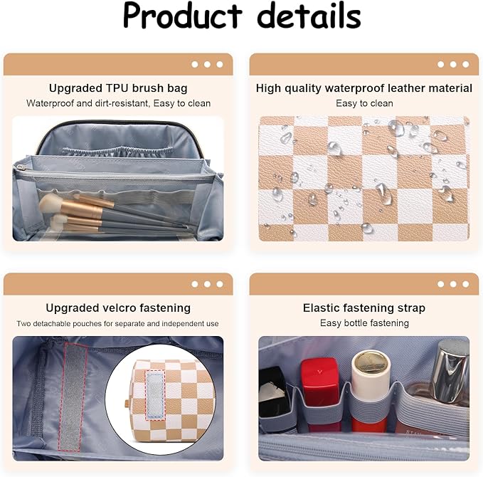 BOYATU Travel Makeup Bag Organizer Cosmetic Bag: 3 Pcs Set Make up Bags for Women with Handle - Waterproof Vegan Leather Toiletry Bag (01-G-Apricot)