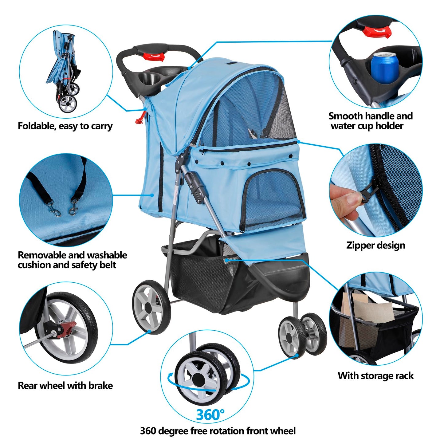 ZENY Foldable Pet Stroller, Cat/Dog Stroller with 3 Wheel, Pet Strolling Cart, Dog Travel Carrier with Storage Basket + Cup Holder (Blue)