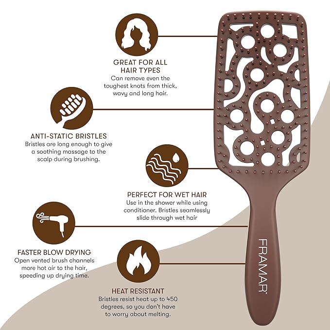 FRAMAR Professional Vented Hair Brush – Curved Hair Brush For Blow Drying, Wet Paddle Brush For Hair, Vent Brush For Blow Drying, Wet Hairbrush For Women – Heat Resistant – Chocolate