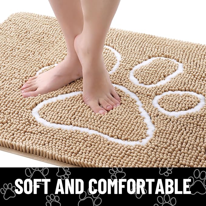 Smiry Dog Door Mat for Muddy Paws, Absorbent Dirt Trapper Non Slip Quick Dry Washable Chenille Mat for Mud Dogs, Entry Rug for Indoor and Outdoor (70x24 Inches, Beige and White)
