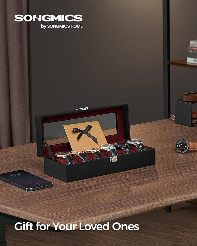 SONGMICS Watch Box, 6-Slot Watch Case Organizer with Large Glass Lid, Removable Pillows, Gift for Loved Ones, Black Synthetic Leather, Wine Red Lining UJWB006R01