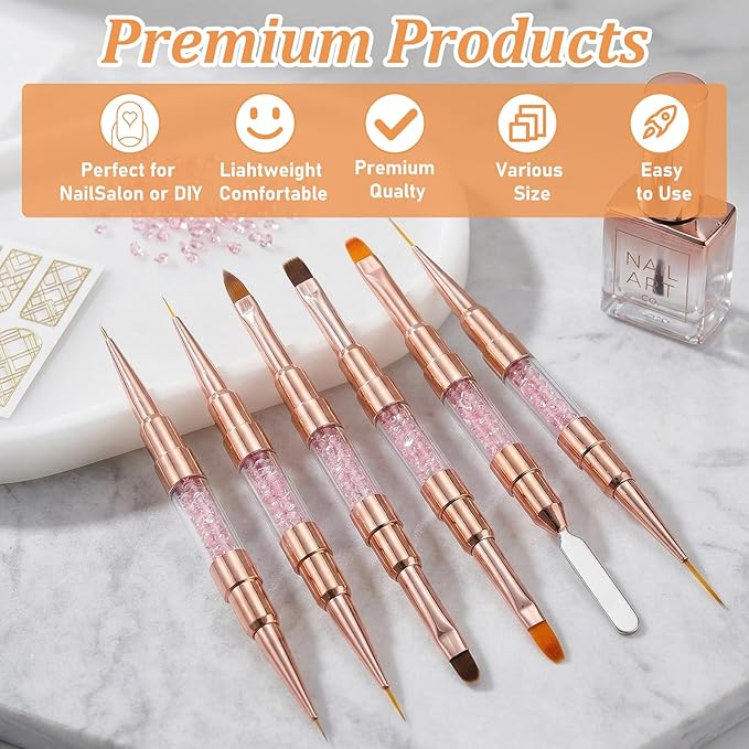Dual-Ended Nail Art Liner Brushes(6PCS) - 5/7/10/15/19mm Precision Tips for Gel Polish Acrylic Painting, DIY Manicure and Cuticle Polish Mistake Correction