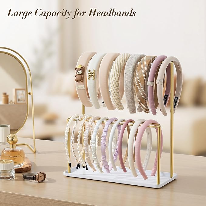 Headband Holder Organizer Metal 2-Tier with Tray: Hair Accessories Display Stand Storage Hairband Rack Necklace Stand Home Bedroom for Girls Women, Gold