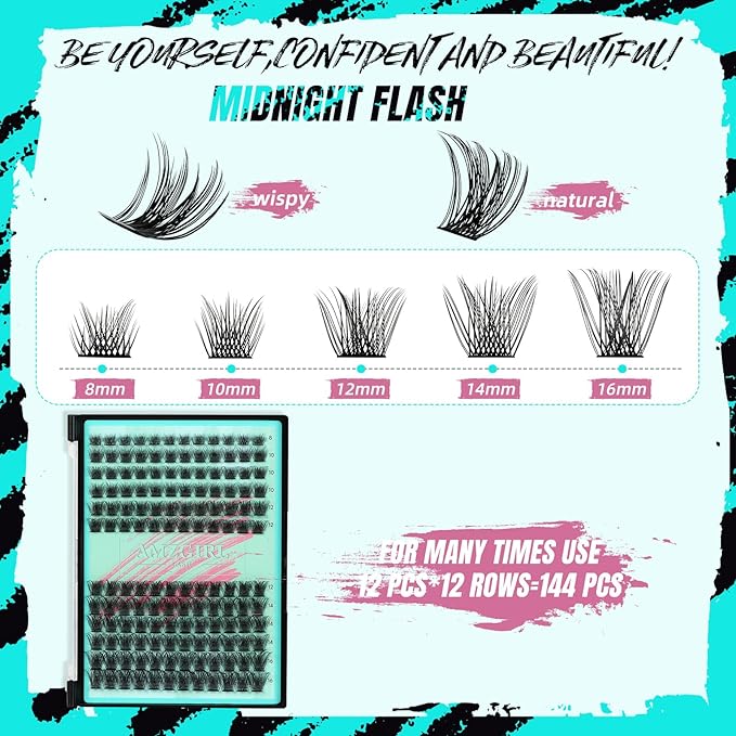 AMZGIRL LASH Midnight DIY Lash Extension Kit, 144 pcs Eyelash Clusters Kit Lash Bond and Seal, Lash Glue Remover and Applicator for Individual False Eyelashes Kit Lash Extensions(D-Mix 8-16mm Kit)