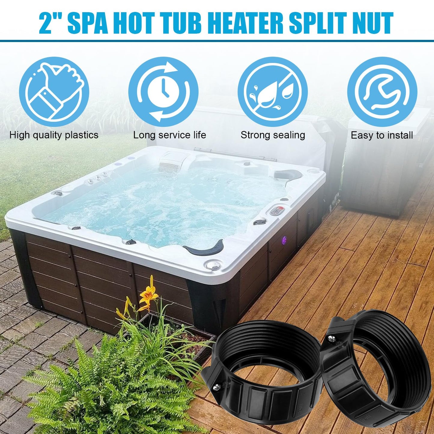 UASAM 2" Spa Hot Tub Heater Split Nut Unions with Screws & Heater Gasket, Split Nut for Hot Tub and Spa Replacement Part, Suitable for 2-inch Heater Assemblies - 2 Pack