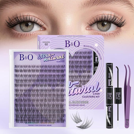 B&Q Wispy Lash Clusters Kit, Natural 02, Individual False Eyelashes Extension Set, Undetectable Natural Look for Effortless Day-to-Night Beauty, from Office Elegance to Date Night Glamour(8-16mix)