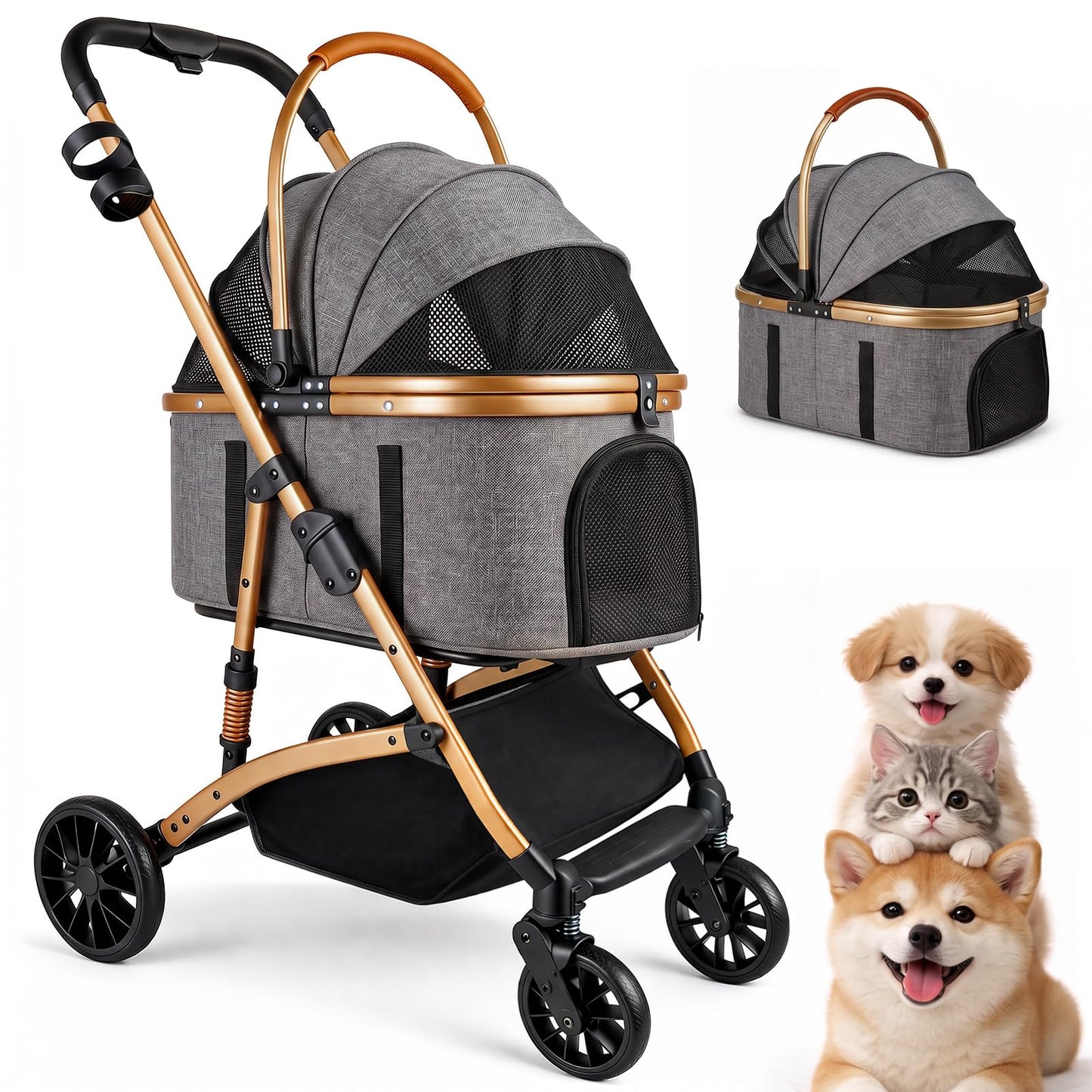 Ioboneed 3-in-1 Dog Stroller with Rain Cover, Quick Foldable, Detachable Carrier & Car Seat, for Medium Dogs Cats Up to 50 lbs, Anti-Shock Solid Rubber Wheels, Grey