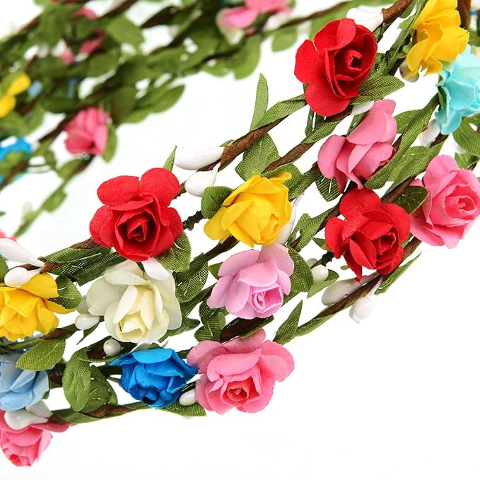 EBOOT 15 Pieces Assorted Colored Flower Crown Wreath Headband Garland Multicolor Headbands Floral Headpiece for Wedding Festival Vacation Fairy Party Photography Props