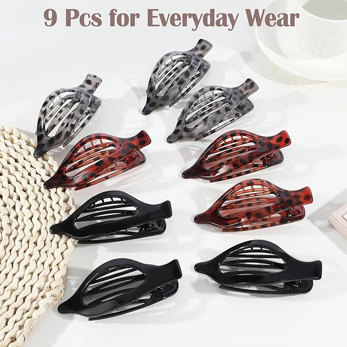 9 Pack Flat Hair Clips for Women, Matte Claw Clips for Thick & Thin Hair (Tortoise)