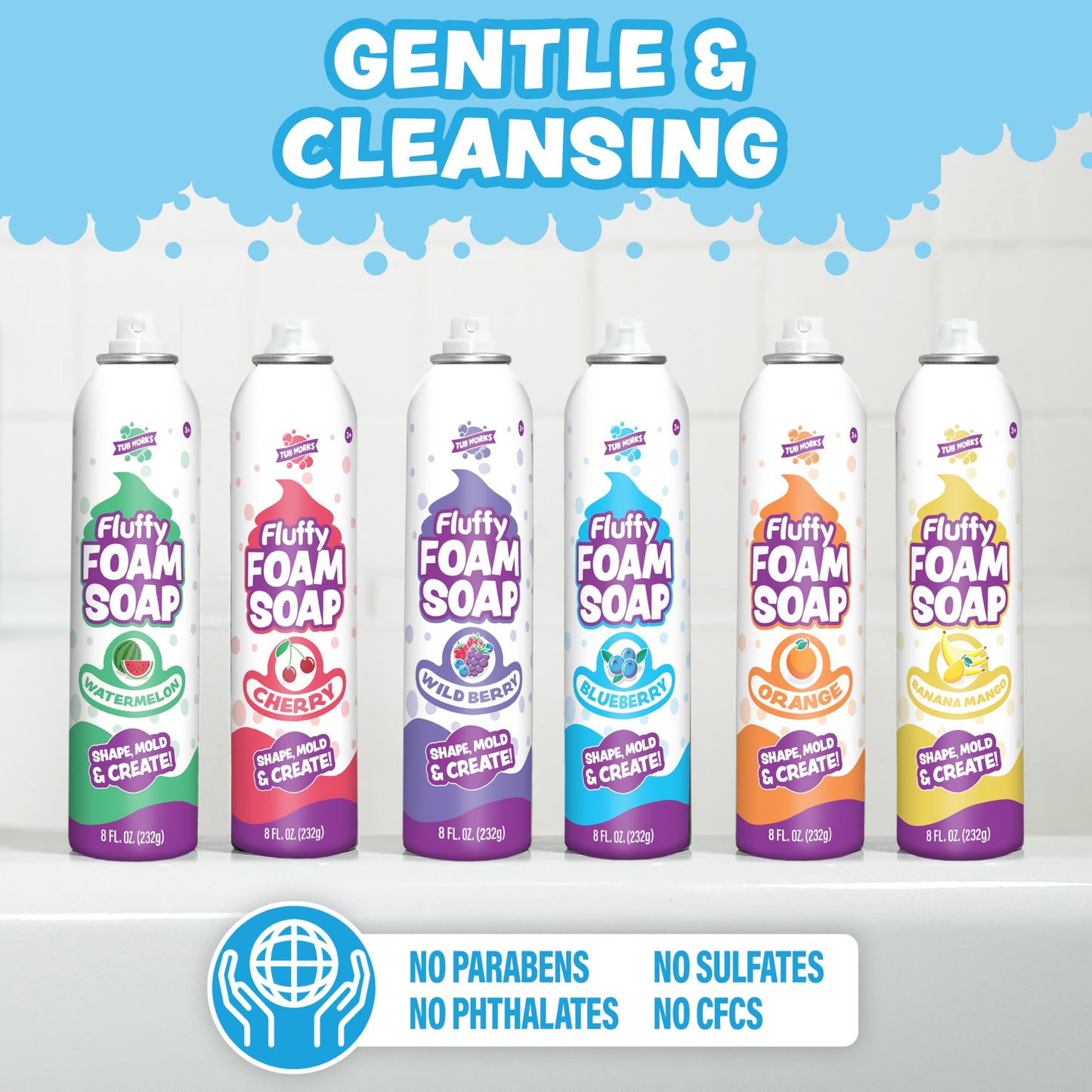 Tub Works® Fluffy Foam Soap, Variety 6 Pack | Shape, Mold & Create Bath Art with Soft Bath Foam for Kids | Gentle, Cleansing Kids Bath Soap | Easy-to-Use Spray Nozzles | Fruity, Fun Bath Colors