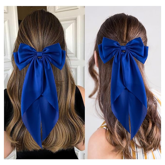 6Pcs Large Bows Hair Clips for Women Girls Long Tail Hair Ribbon Silky Satin Barrettes Coquette Bows Accessories (Royalblue)