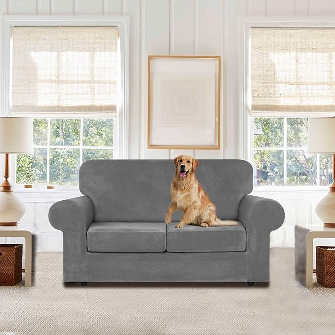 WEERRW Velvet Couch Covers for 2 Cushion Couch Sofa - High Stretch Luxury Velvet Plush 3 Pieces Sofa Slipcovers with Elastic Bottom, Furniture Protector for Pets, Machine Washable, Light Grey, Medium