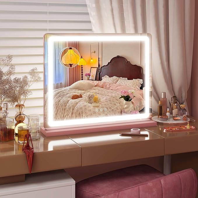 FENNIO 23" x 18" Vanity Mirror with Lights，LED Makeup Mirror，Hollywood Mirror with 3 Color Modes & Adjustable Brightness，Vanity Mirror Pink