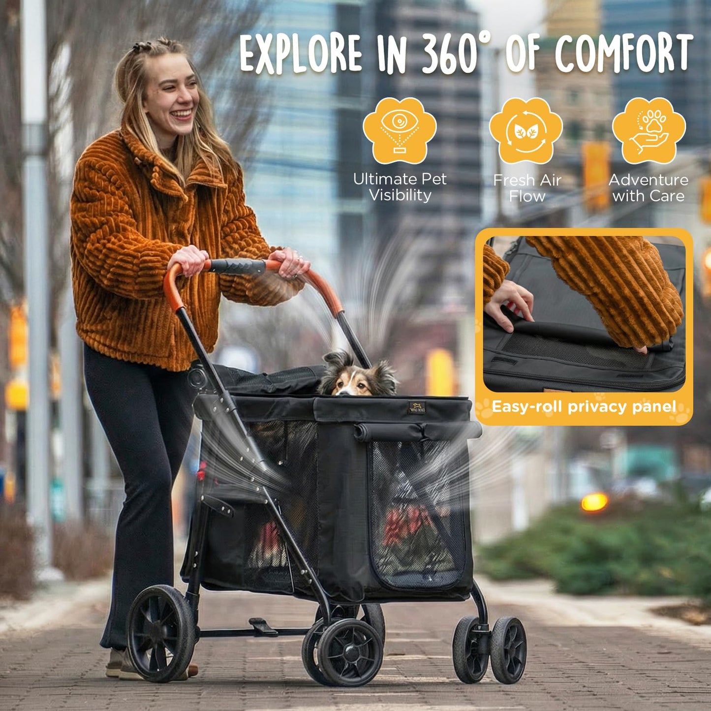 CANINE CANYON Scout Pet Stroller, Heavy Duty Dog Stroller for Large & Medium Dogs, Foldable Pet Stroller for 2 Small Dogs with All-Terrain Wheels, Storage Pocket & Cup Holder, 55 lbs Capacity, Black