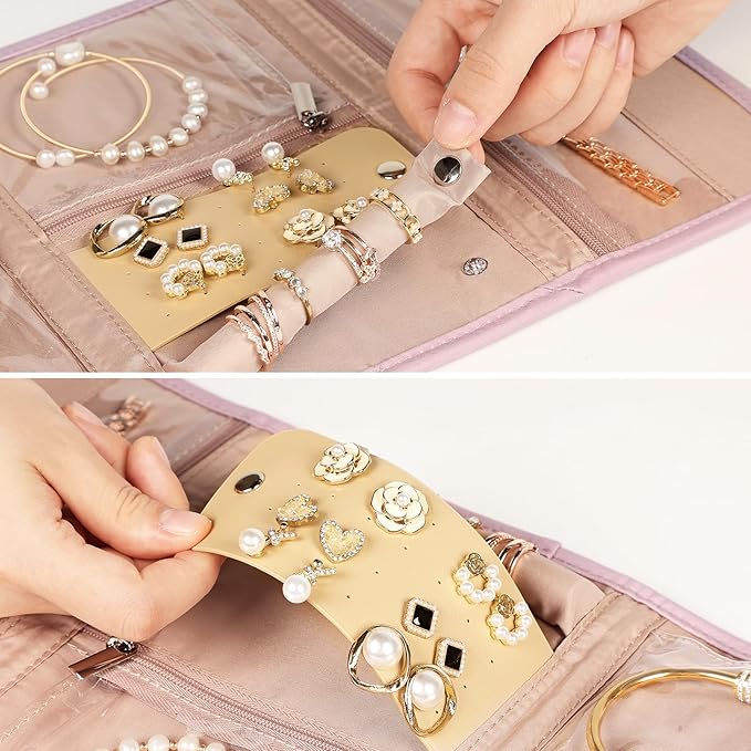 BELALIFE Travel Jewelry Case Organizer, Foldable Storage Roll for Earrings, Necklaces, Rings, Bracelets, Brooches, Peach Pink