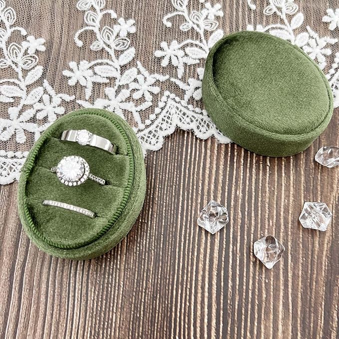 Velvet Oval Ring Box 3 Slots - Premium Wedding Three Rings Box Vintage Handmade Storage Jewelry Organizer for Proposal, Engagement, Wedding Ceremony, Christmas (Olive Green)