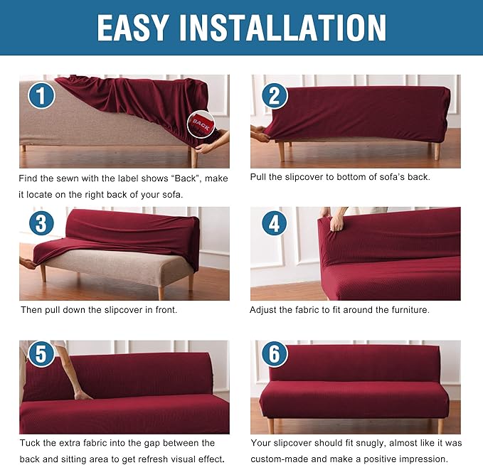 H.VERSAILTEX Armless Futon Cover Stretch Sofa Bed Slipcover Protector Elastic Feature Rich Textured High Spandex Small Checks Jacquard Fabric Futon Cover, Machine Washable, Burgundy Red