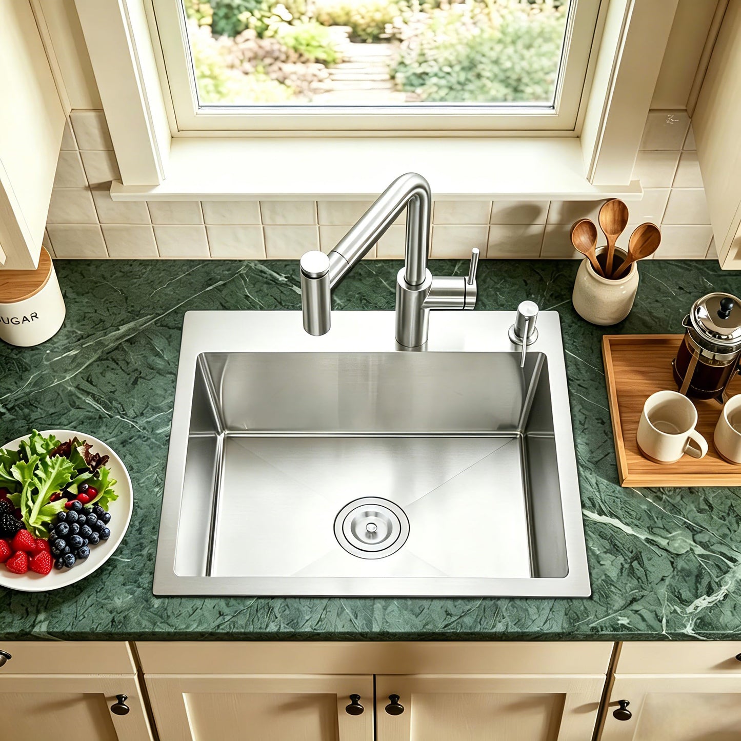 OUGOO 20x16x9 Inch Drop in Kitchen Sink, Handmade 304 Stainless Steel Single Bowl with 2 Holes, R10 Tight Radius, Topmount Installation, for Modern Kitchen/RV Sink, Brushed