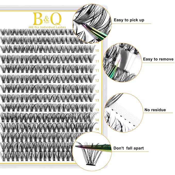 B&Q Lash Clusters 280PCS Natural Eyelash Clusters 40D C 9-16MIX Individual Lash Wispy Eyelash Extension with Soft Thin Band Classic Look Pestañas Postizas Comfortable DIY at Home(40D-C-9-16mm)