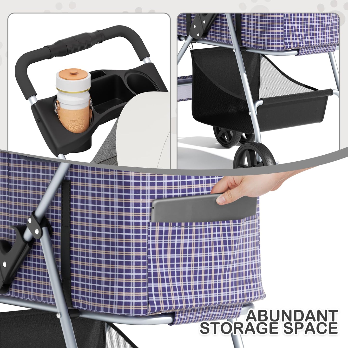 MoNiBloom 3 in 1 Foldable Pet Stroller for Small & Medium Dogs, Detachable Carrier, Car Seat, Push Button Entry, 4-Wheel Jogger for Pets up to 33 lbs, Plaid