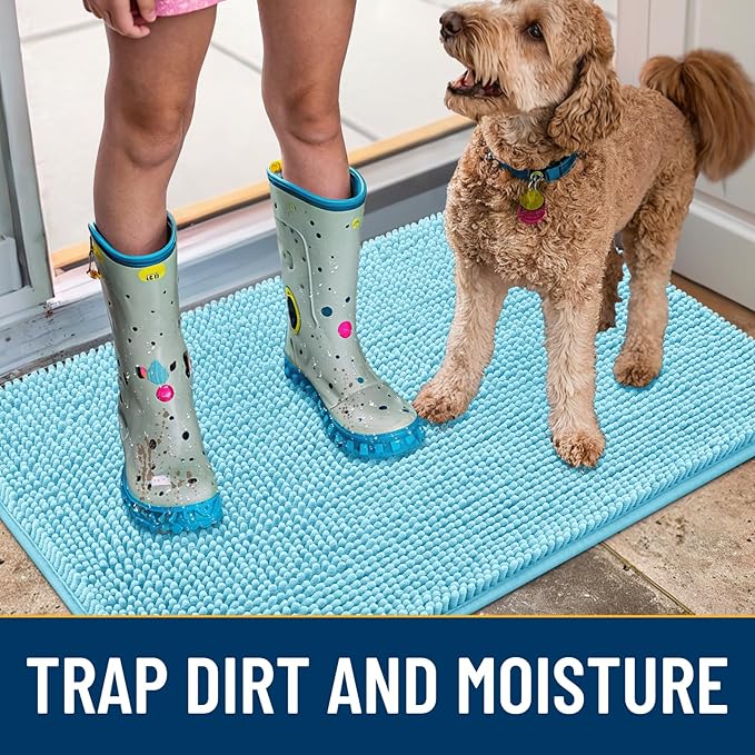 Smiry Dog Door Mat for Muddy Paws 30x20, Absorbs Moisture and Dirt Doormat, Non-Slip Washable Quick Dry Chenille Front Door Mat Indoor Entrance, Entryway Carpet for Inside Floor, Sky Blue
