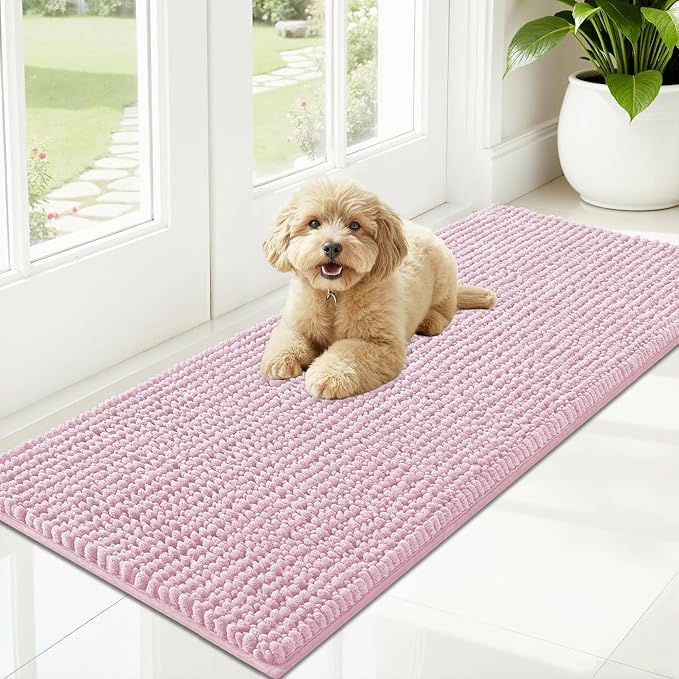 OLANLY Dog Door Mat for Muddy Paws 47x20, Ultra Absorbent Chenille Mud Doormat, Non-Slip Washable and Dirt Trapping Doormat for Indoor Entryway, Quick-Dry Indoor Pet Bed Mats for Dogs, Dusty Rose
