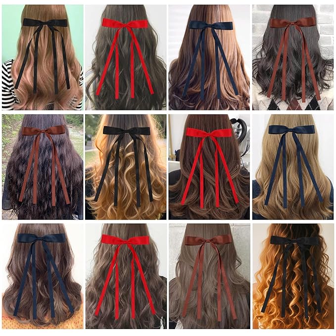Hair Bows Clips Coquette Ribbon Bowknot with Long Tail Princess Hair Bows French Barrettes Hair Accessories for Women Girls 16PCS (Red, Brown, Dark Blue, Black)