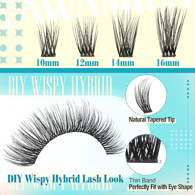 Yawamica Lash Extension Kit Wispy Lash Clusters Kit 10-16mm Eyelash Extension Kit C Curly Eyelash Clusters 228pcs Individual Lashes with Waterproof Lash Bond and Seal Lash Tweezers for Hybrid Look
