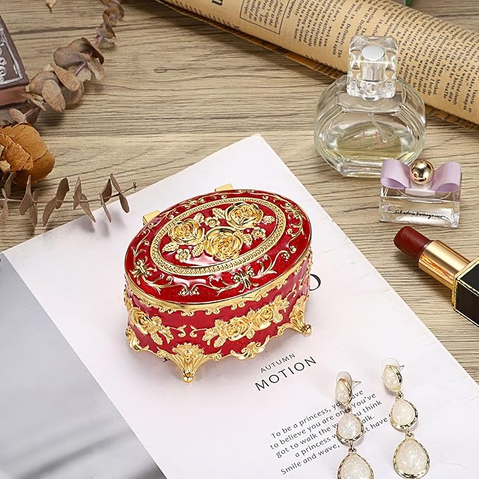 Hipiwe Oval Jewelry Box Classic Metal Trinket Organizer Ring Storage Box with Rose Pattern Jewelry Storage Box for Ring Earrings Necklace, Gift for Women, Red