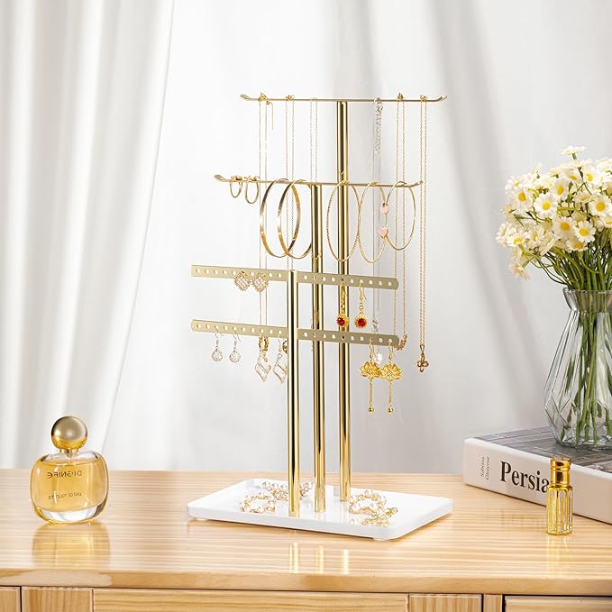 pickpiff Jewelry Stand Holder Organizer: 14.5" Sturdy Hanger for 80 Pcs Jewelry, Jewlery Tower for Display Necklace, Earring, Bracelet, Watch, Mirrored Gold