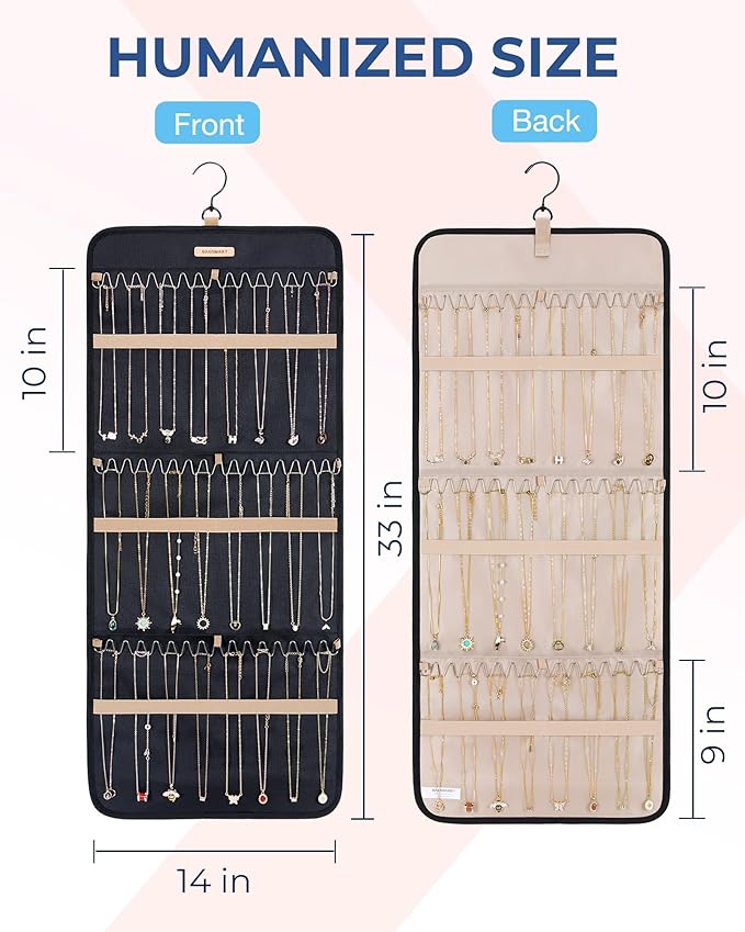 BAGSMART Hanging Necklaces Organizer Jewelry Holder Storage Roll with Hanger Metal Hooks Double-Sided Jewelry Organizer for Necklaces, Bracelets on Closet, Wall, Door, 1 piece, Large Black