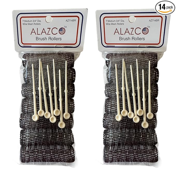 ALAZCO 14 pc Vintage Style Hair Roller Medium BRUSH ROLLERS & PINS Mesh Hair Curlers With Bristles 2.5"x 3/4", with Flexible Locking Pins