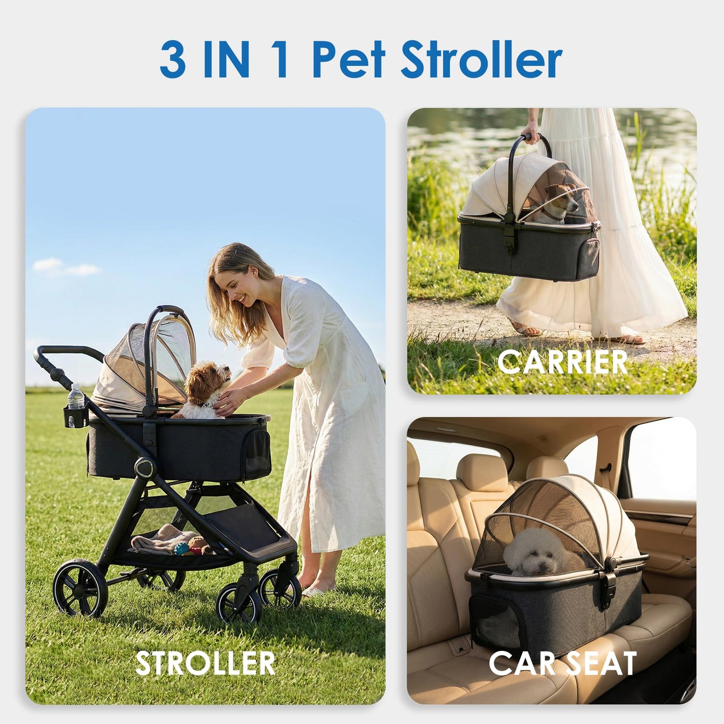 KAVELLIN Pet Stroller for Small/Medium Dogs, Foldable Dog Stroller with Detachable Carrier,3 in 1 Pet Stroller for Dogs Cats up to 50 lbs, Cup Holders,Easy Assembly, Black