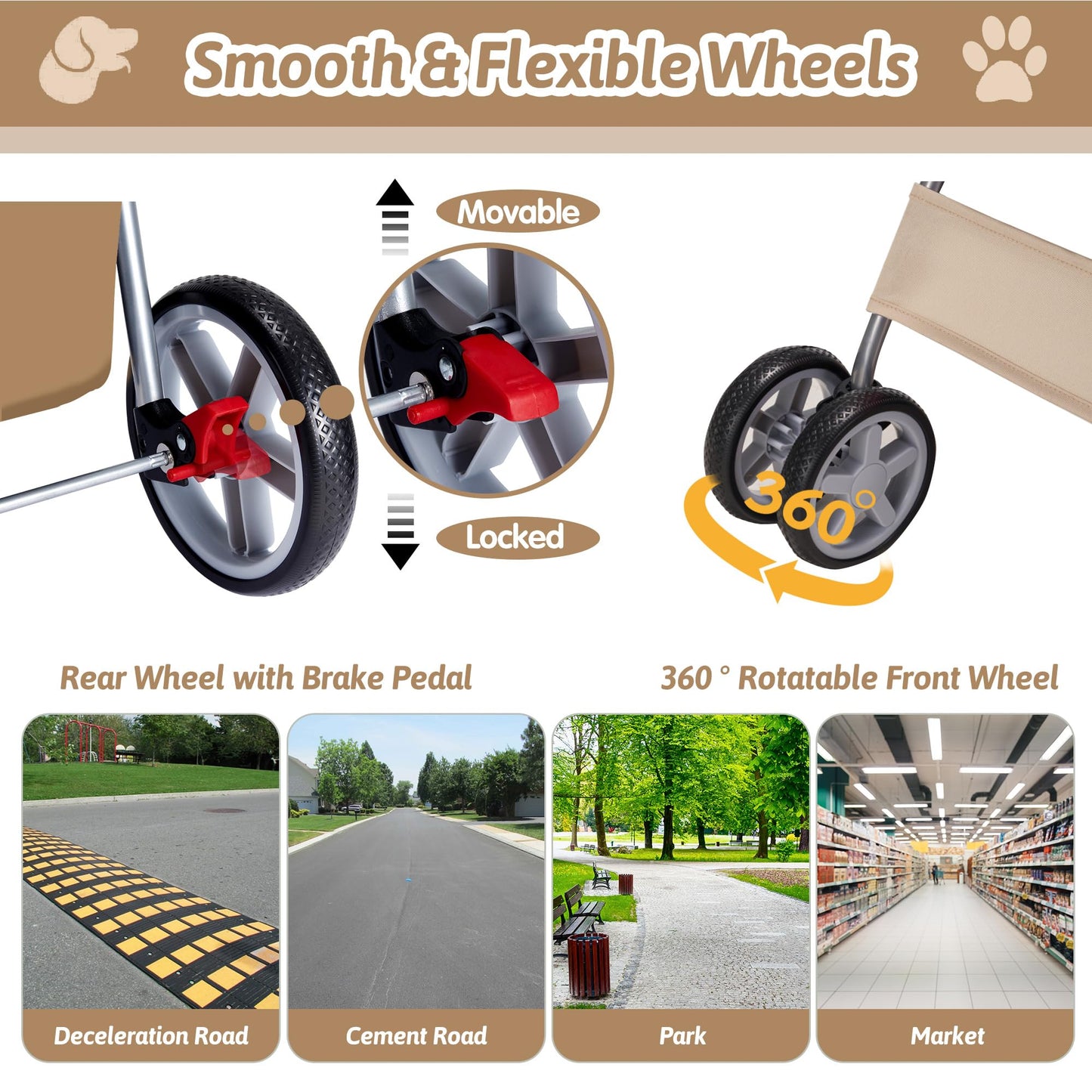 Azaeahom Pet Stroller, 4 Wheels Pet Strolling Cart for Medium/Small Dogs and Cats, Foldable Cat Jogger/Dog Stroller with Cup Holder, Storage Basket, Breathable Mesh, All-Season Pet Carrier, Khaki