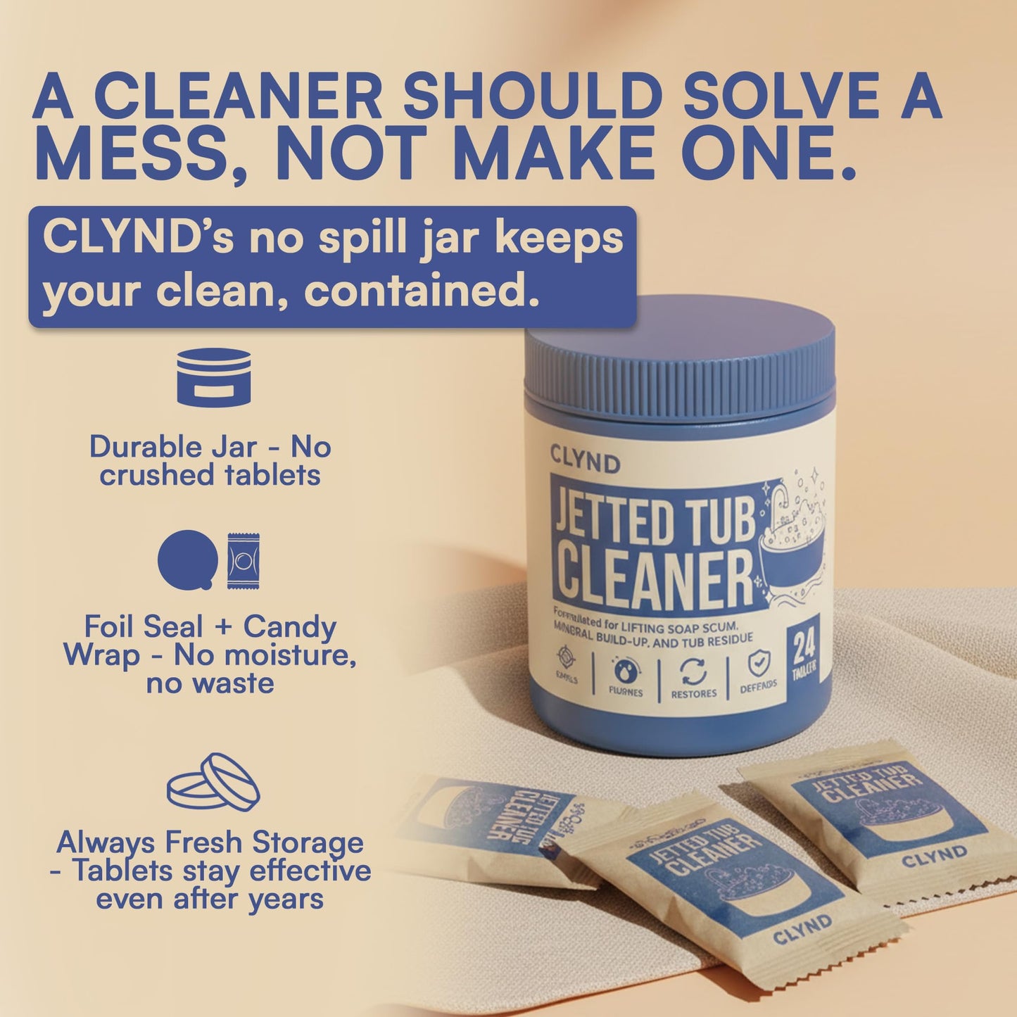 CLYND Jetted Tub Cleaner for the Jets and the Tubes 24 Tablets Hot Tub Cleaner for Jet Bathtub Heavy Duty - No Harsh Chemicals and Septic Safe - Compatible with Whirlpool, Spa, Jetted Bath