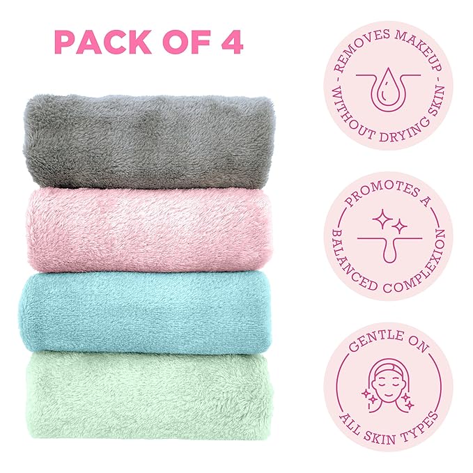 ERASE YOUR FACE Reusable Makeup Remover Cloths - Microfiber Face Towels to Cleanse & Remove Makeup - Water Activated for Sensitive Skin - Multi-Pastel (4 Count)