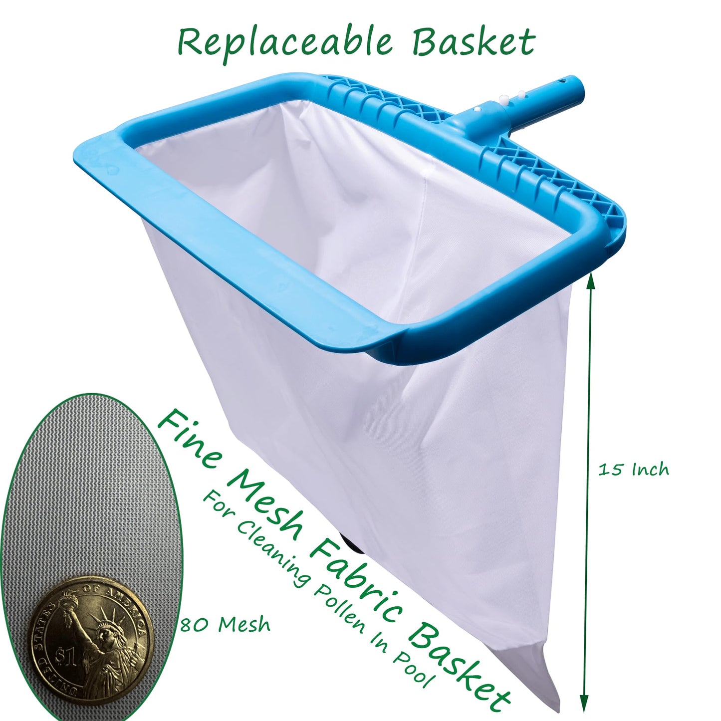 DABOVIN Professional Pool Bottom Skimmer Net for Cleaning Pollen Bugs, Ultra Fine Mesh Leaf Rake with Sturdy Plastic Frame