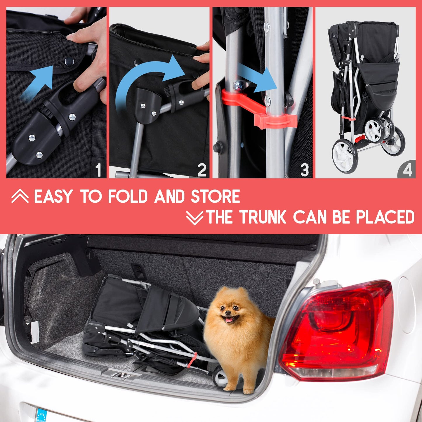 ZENY Foldable Pet Stroller, Cat/Dog Stroller with 3 Wheel, Pet Strolling Cart, Dog Travel Carrier with Storage Basket + Cup Holder, Black