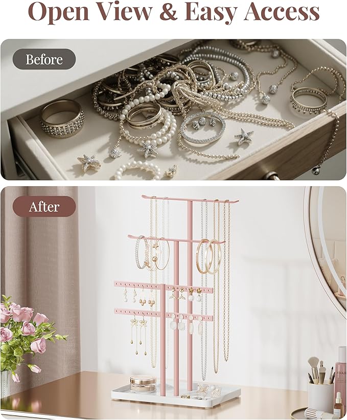 pickpiff Pink Jewelry Stand Holder Organizer: 14.5" Sturdy Hanger for 80 Pcs Jewelry, Jewlery Tower for Display Necklace, Earring, Bracelet, Watch