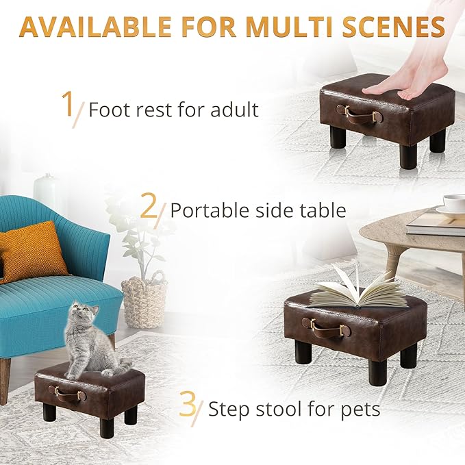 Small Foot Stool with Handle, Brown Faux Leather Short Foot Stool Rest, Rectangle Storage Foot Stools Ottoman with Plastic Legs, Padded Footstool Small Step Stool for Living Room, Office, Desk, Patio
