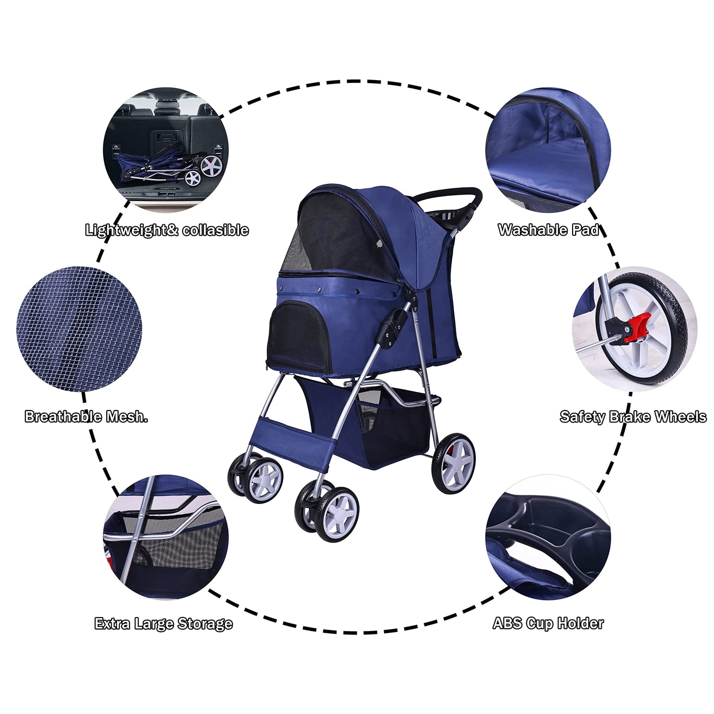 Elevon Pet Stroller, 4 Wheels Multifunction Dog Cat Stroller, Folding Portable Travel Stroller with Detachable Carrier, Suitable for Medium Small Dogs Cats, Blue