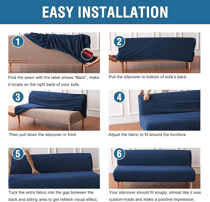 H.VERSAILTEX Armless Futon Cover Stretch Sofa Bed Slipcover Protector Elastic Feature Rich Textured High Spandex Small Checks Jacquard Fabric Futon Cover, Machine Washable, Navy