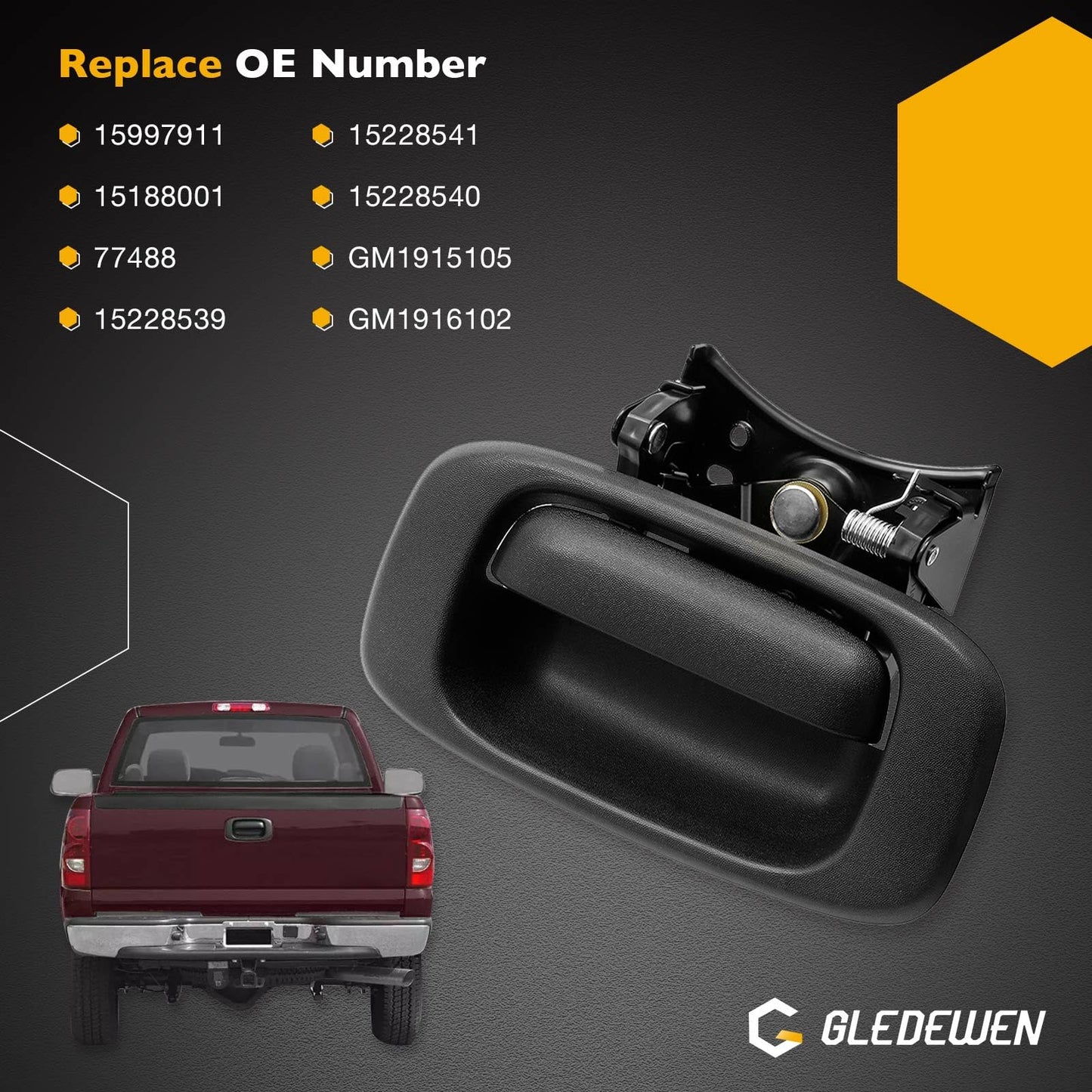 Gledewen Tailgate Handle Latch and Bezel Trim with Rod Clips | for 1999-2007 Chevy Silverado GMC Sierra 1500 2500 3500 | Replaces# 15997911, 15228539, 15228541, 15228540