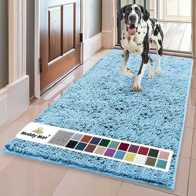 Muddy Mat® | Super Absorbent Door Mat Indoor, Microfiber Quick Dry Chenille Entryway Rug, Non-Slip Front Door Mat, Indoor Mats for Entryway, Machine Washable Pet Rug, Sky Blue 24" x 120"