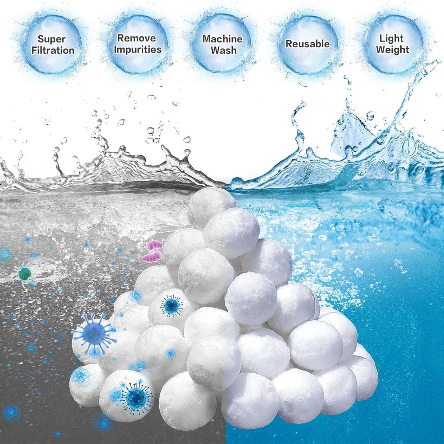 Fwxdbwyl 1.54 Lbs Pool Filter Balls for Sand Filter, Eco-Friendly Filter Balls Replace 50 lbs Pool Filter Sand, Lightweight and Reusable Fiber Ball, Pool Filter Media Balls for Swimming Pool