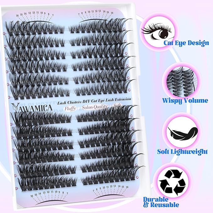 Yawamica Lash Extension Kit 50D 80D Cat Eye Lashes Clusters Kit 7-16mm Wispy Cluster Eyelash Extensions Kit D Curly Eyelash Clusters 240pcs Individual Lashes with Bond and Seal Lash Tweezers DIY Lash